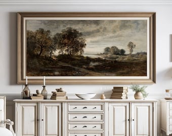 Moody Summer River Landscape Painting - PRINTABLE DIGITAL DOWNLOAD - Panoramic Wall Art, Vintage Art Print