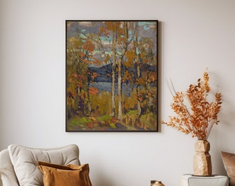 Autumn Landscape Painting with Trees - DIGITAL DOWNLOAD PRINT - Forest in Autumn, Warm Tones, Fall Landscape Print, Vintage Oil Painting
