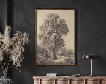 Vintage Elm Tree Sketch Print - Canvas Giclée Print, Peel and Stick, Moody Wall Art