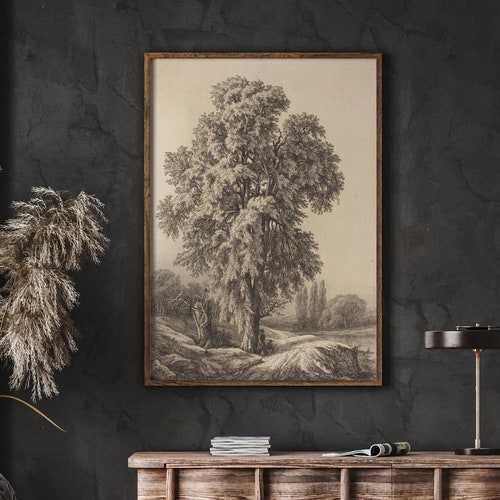 Vintage Tree Pencil Drawing Landscape Art Print Sepia Tree Etsy