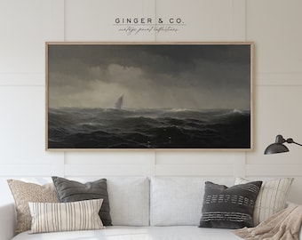 Dark Moody Seascape Painting - PRINTABLE DIGITAL DOWNLOAD - Vintage Nautical Print, Ship on Stormy Sea
