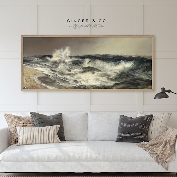 Moody Coastal Painting - PRINTABLE DIGITAL DOWNLOAD - Panoramic Seascape Print, Muted Beach Wall Art, Stormy Sea