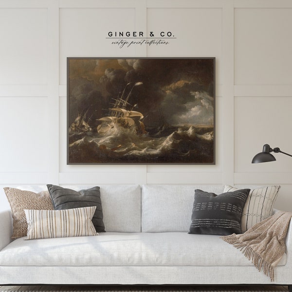 Dark Moody Ship in a Stormy Sea Oil Painting - PRINTABLE DIGITAL DOWNLOAD - vintage Seascape Print, Neutral Coastal Cottage Wall Decor