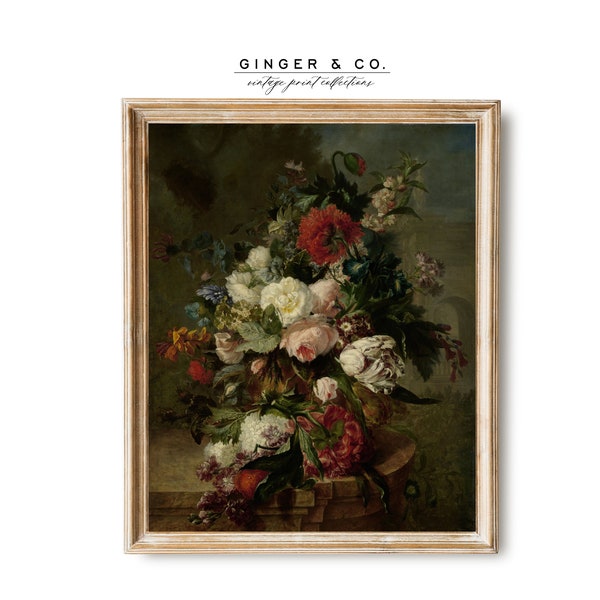 Vintage Still Life Painting with Flowers - PRINTABLE DIGITAL DOWNLOAD - Fine Art Print, Moody Wall Art