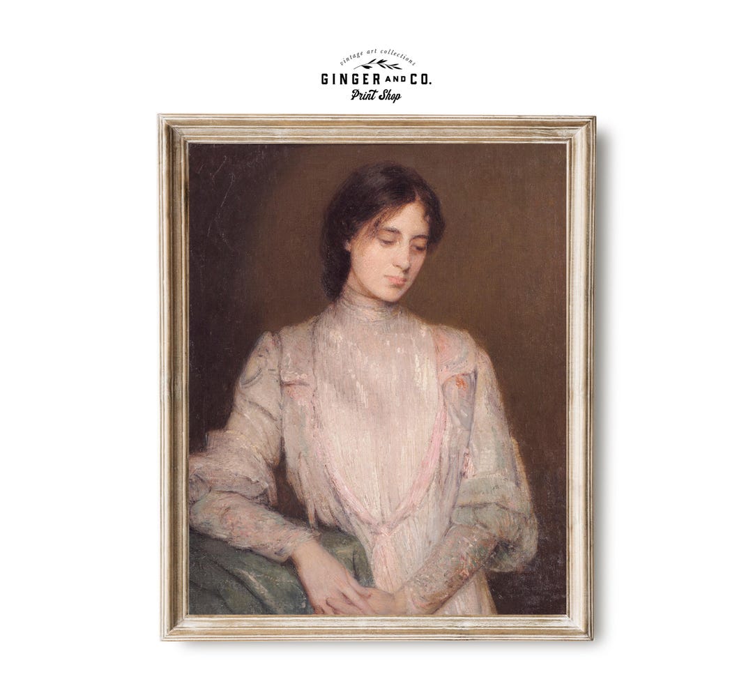 Vintage Woman Oil Painting - Moody Female Portrait, Woman in a Pink ...