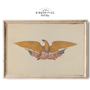 Puede incluir: Una impresión enmarcada de un águila dorada con las alas extendidas sosteniendo dos banderas americanas. El águila está posada sobre un escudo con el diseño de la bandera estadounidense.