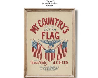 Mitt lands flagga - UTSKRIVBAR DIGITAL NEDLADDNING - Vintage musikomslag, patriotiskt flaggtryck, vintage amerikansk konst