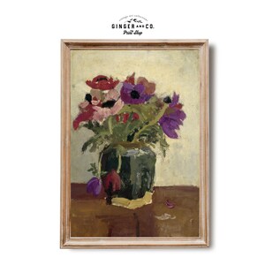 Still Life Oil Painting with Purple Anemones - PRINTABLE DIGITAL DOWNLOAD - Vintage Fine Art Print, French Country Cottage