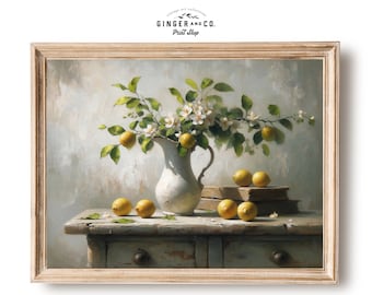 Lemon Still Life Oil Painting - Vintage Lemon Kitchen Print, Vintage Flower Art, Canvas Gicée Print, Peel and Stick