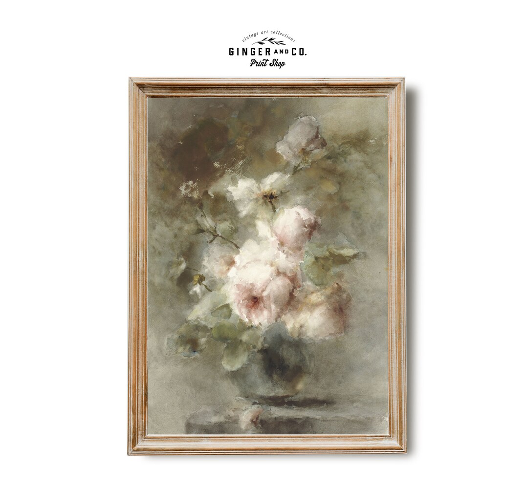 Vintage Roses Still Life Painting - Pink Flower Print, Moody Flower Art ...
