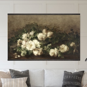 Moody Floral Still Life Tapestry Wall Hanging - White Roses, Canvas Wall Art, Vintage Oil Painting, Canvas Giclée Art Print