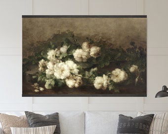 Moody Floral Still Life Tapestry Wall Hanging - White Roses, Canvas Wall Art, Vintage Oil Painting, Canvas Giclée Art Print