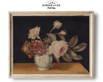 Floral Still Life Oil Painting - PRINTABLE DIGITAL DOWNLOAD - Pink Flowers Print, Vintage Flowers Fine Art