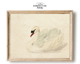 Vintage Swan Painting - Noble White Swan Nursery Wall Art, Gicée Canvas Print, Peel and Stick Print