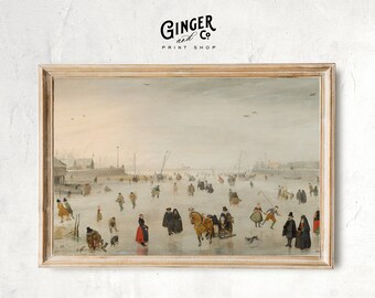 A Winter Scene on Ice -- Vintage Oil Painting, Ice Skating, Winter Landscape -- PRINTABLE DIGITAL DOWNLOAD