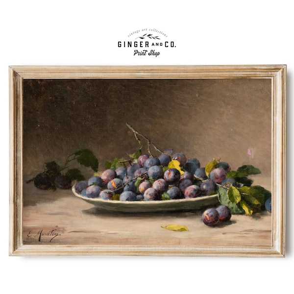 Still Life Painting with Plums - PRINTABLE DIGITAL DOWNLOAD - Vintage Farmhouse Art, French Country, Kitchen Wall Art