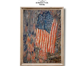 Vintage Patriotic Oil Painting - PRINTABLE DIGITAL DOWNLOAD - Vintage American Flag, American Flag Print