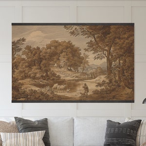 May include: A sepia-toned drawing of a rural landscape with a winding river, trees, and figures. The scene depicts a group of people walking along a path near a river, with a few cows grazing in the distance.