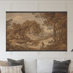 Moody Autumn Landscape Drawing - Tapestry Wall Hanging - Canvas Wall Art, Vintage Drawing, Canvas Giclée Art Print