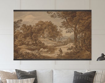 Moody Autumn Landscape Drawing - Tapestry Wall Hanging - Canvas Wall Art, Vintage Drawing, Canvas Giclée Art Print