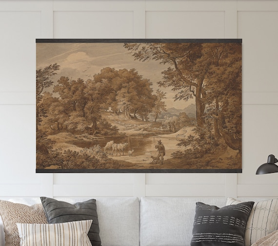 Moody Autumn Landscape Drawing - Tapestry Wall Hanging - Canvas Wall Art, Vintage Drawing, Canvas Giclée Art Print