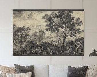 Moody Landscape Drawing - Tapestry Wall Hanging - Vintage Tree Sketch, Canvas Wall Art, Canvas Giclée Art Print