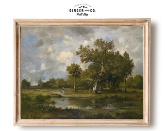 Paisaje con árboles cerca del estanque - Casa de campo francesa, pintura al óleo vintage, impresión de bellas artes Giclée de lienzo, pelar y pegar