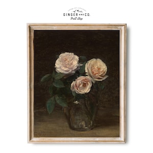 Vintage Still Life Oil Painting with Pink Roses - PRINTABLE DIGITAL DOWNLOAD - Floral Print