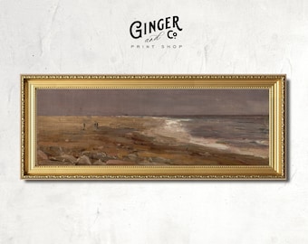Moody Coastal Landscape Print, Panoramic Wall Art, Vintage Landscape, Muted Seascape, Farmhouse Oil Painting, Giclée, Peel and Stick