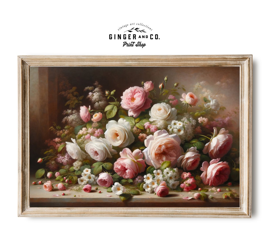 Pink Roses Still Life Oil Painting - SHIPPED PRINT - Vintage Spring ...