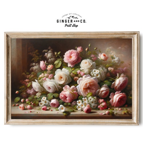 Pintura al óleo de naturaleza muerta con rosas rosadas - IMPRESIÓN ENVIADA - Impresión de flores de primavera vintage, impresión artística Giclée sobre lienzo, despegar y pegar