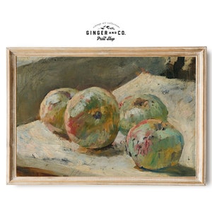 Still Life Painting with Four Apples - PRINTABLE DIGITAL DOWNLOAD - Vintage 19th Century Fine Art, Kitchen Wall Art