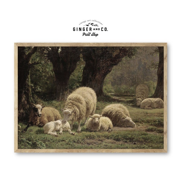 Vintage Sheep Painting - PRINTABLE FINE ART - French Country Cottage Vintage Landscape Print