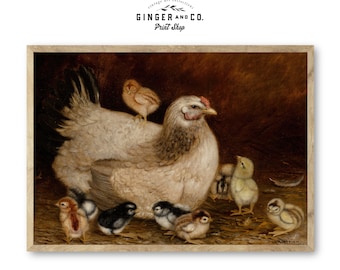 Mother Hen and Chicks - PRINTABLE DIGITAL DOWNLOAD - Vintage Farmhouse, Vintage Fine Art Oil Painting