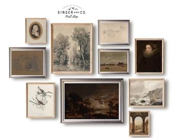 Neutral Moody Gallery Wall Art Set No 8 -- PRINTABLE DIGITAL DOWNLOAD -- Neutral Landscape Painting, Vintage Tree Sketch, George Washington