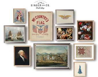 Patriotic Prints Gallery Wall Art - PRINTABLE DIGITAL DOWNLOAD - Vintage American Flag, George Washington, Independence Day, Fourth of July