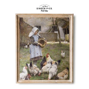 Feeding the Chickens - PRINTABLE DIGITAL DOWNLOAD - Vintage Farmhouse Chicken Oil Painting