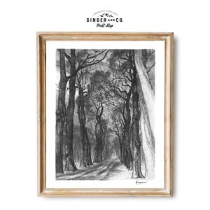 Spooky Forest -- Halloween Landscape, Haunted Woods, Moonlit Night, Vintage Sketch, Moody Wall Art -- PRINTABLE DIGITAL DOWNLOAD