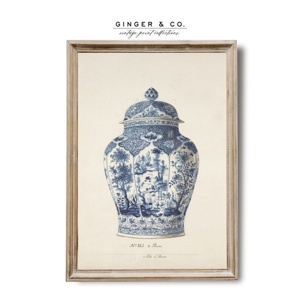 Vintage Chinoiserie Ginger Jar Design - PRINTABLE DIGITAL DOWNLOAD - Blue and White Porcelain Vase, French Country Cottage Kitchen Wall Art