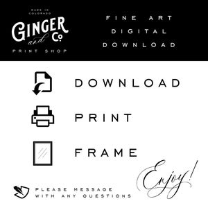 Pode incluir: Design gr&aacute;fico em preto e branco com o texto "GINGER and Co. PRINT SHOP" e "FINE ART DIGITAL DOWNLOAD". O gr&aacute;fico tamb&eacute;m inclui &iacute;cones para download, impress&atilde;o e enquadramento.