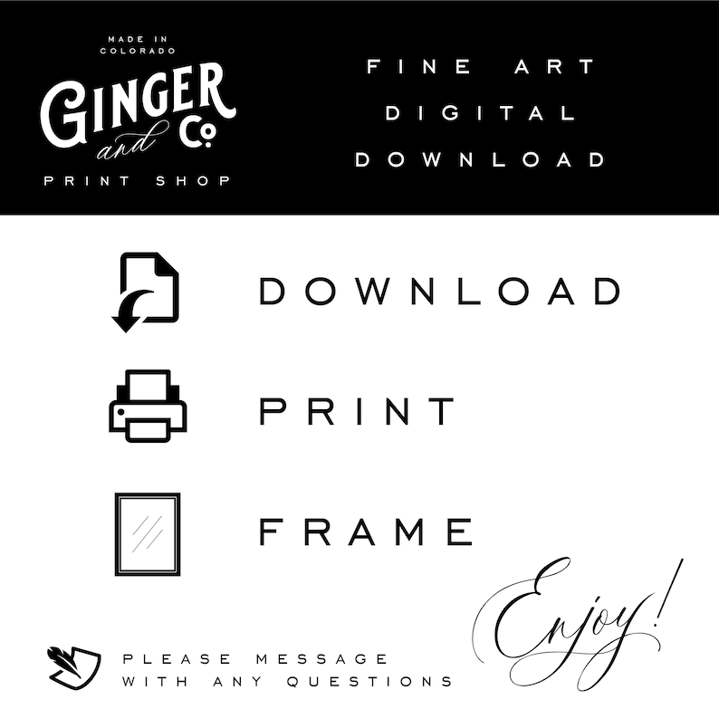 Pode incluir: Design gr&aacute;fico em preto e branco com o texto "GINGER and Co. PRINT SHOP" e "FINE ART DIGITAL DOWNLOAD". O gr&aacute;fico tamb&eacute;m inclui &iacute;cones para download, impress&atilde;o e enquadramento.