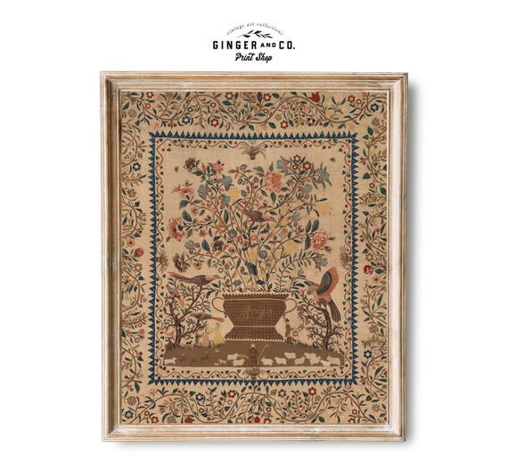 Birds and Flowers Textile Design - PRINTABLE DIGITAL DOWNLOAD - Early 20th Century Vintage Drawing, Antique Tapestry with Birds and Flowers