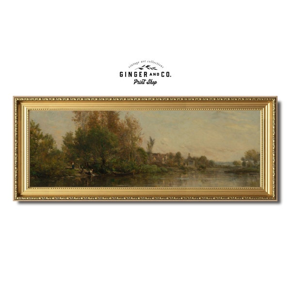 Impresión panorámica con ambiente melancólico - Pintura al óleo vintage, paisaje fluvial, casa de campo francesa, impresión artística Giclée, autoadhesiva
