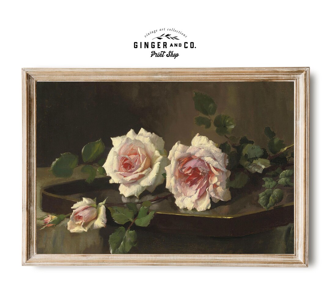 Moody Pink Roses Still Life Oil Painting - SHIPPED PRINT - French ...