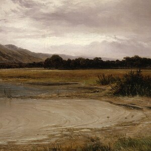 Puede incluir: Una pintura de un paisaje con un lago en primer plano. El lago est&aacute; rodeado de un campo de hierba y una l&iacute;nea de &aacute;rboles en la distancia. El cielo est&aacute; nublado y cubierto.