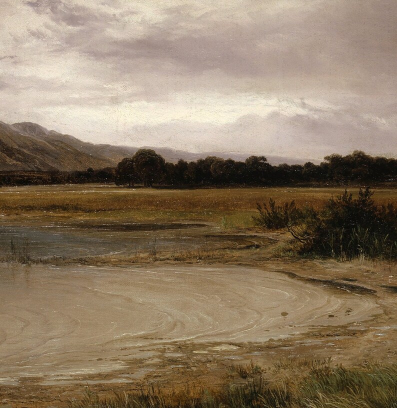 Puede incluir: Una pintura de un paisaje con un lago en primer plano. El lago est&aacute; rodeado de un campo de hierba y una l&iacute;nea de &aacute;rboles en la distancia. El cielo est&aacute; nublado y cubierto.