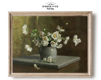 Blumen Stillleben Kunst - DRUCKBARE DIGITALE DOWNLOAD - Vintage Ölgemälde, weiße Mohnblumen Druck