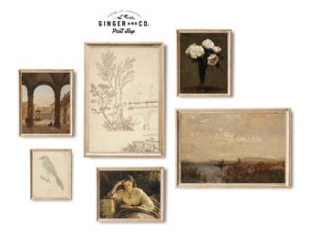 Moody Neutral Gallery Wall Art Set 1 -- PRINTABLE DIGITAL DOWNLOAD -- Neutral Landscape Painting, Vintage landscape Print, Tree Sketch