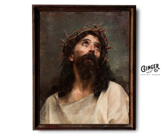 Cristo con corona de espinas -- DESCARGA DIGITAL IMPRIMIBLE Arte mural cristiano, pintura al óleo de Jesús