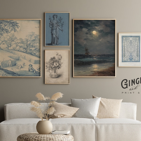 French Blue and White Gallery Wall Art Set -- PRINTABLE DIGITAL DOWNLOAD -- 19th Century Vintage Prints, Moody Wall Art